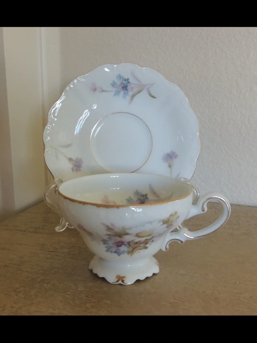 Occupied Japan Porcelain Floral Teacup and Saucer with Gold Trim